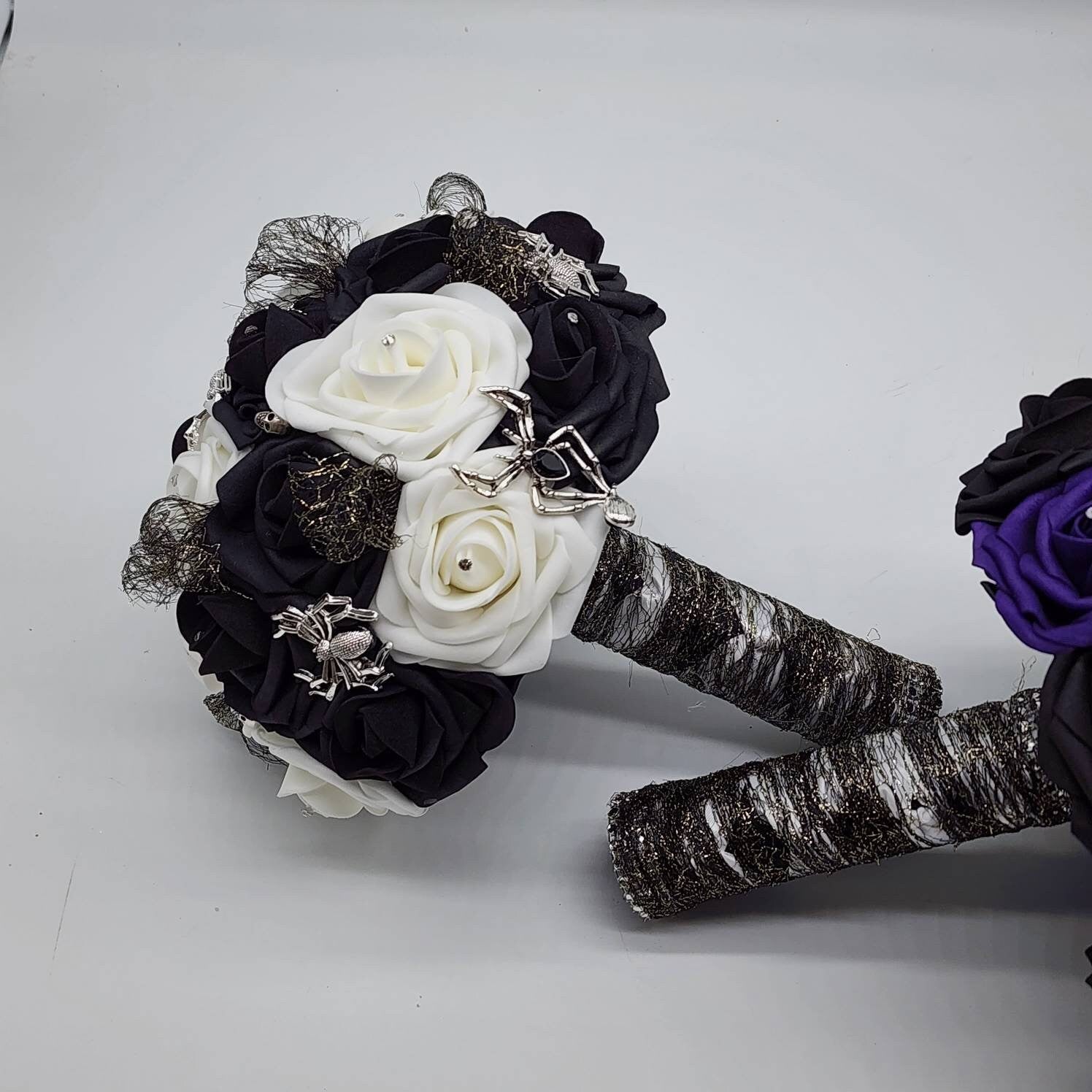 Black and White Spiderweb and Skull Bridal Bouquet,Available in 27 Colors,Halloween,Gothic, Boutonnieres and Corsages Available