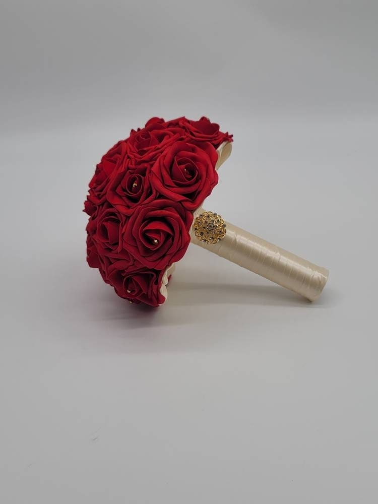 Red Bridal Bouquet, Red And Ivory Bouquet, Bridesmaids Bouquet,Toss Bouquet,Matching Boutonnieres & Corsages, Available In 27 Colors