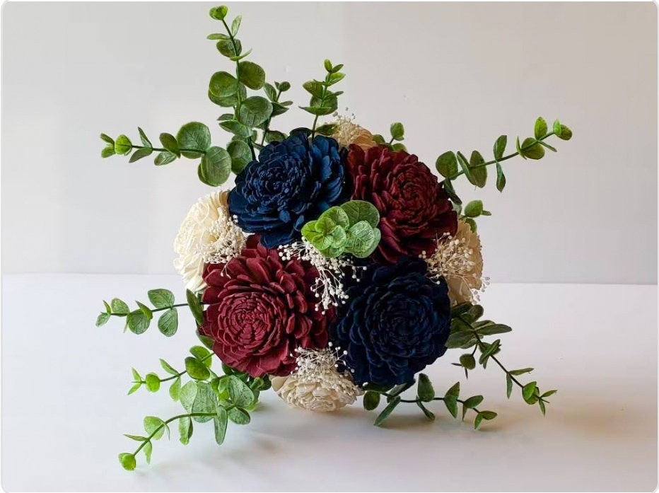 Burgundy, Navy, and White Sola Wood Flower Wedding Bouquet with Frosted Eucalyptus Greenery, Bridal Bouquet, Bridesmaid Bouquet.