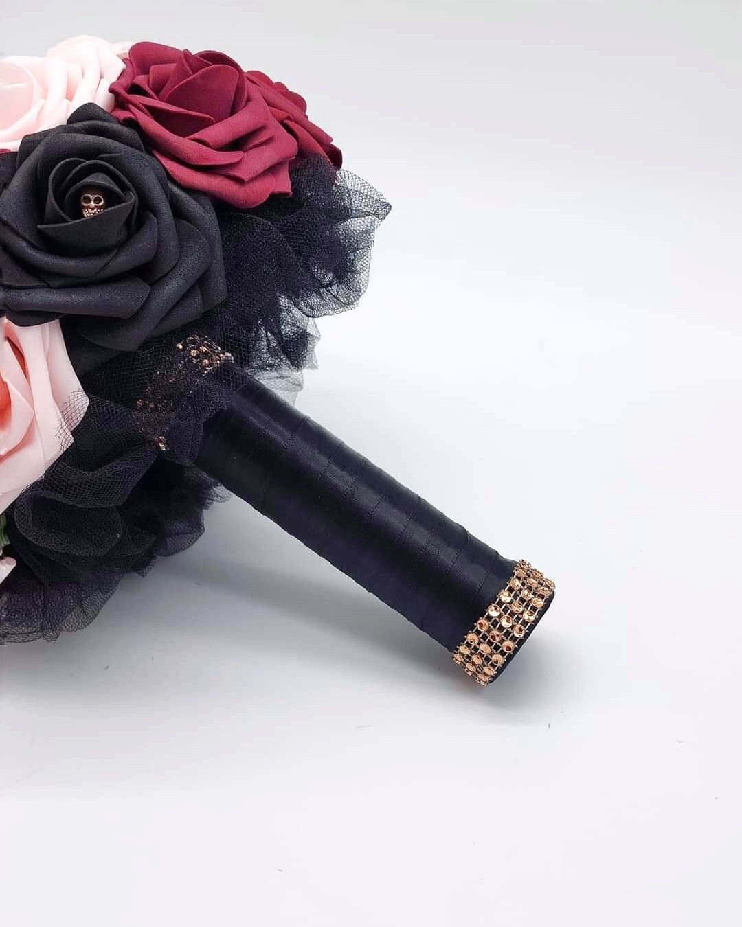 Gothic Skull Black,Burgundy, & Blush Wedding Bouquet,Bridal Bouquet, Bridesmaid Bouquet,Matching Corsages and Boutonnieres/Halloween Wedding