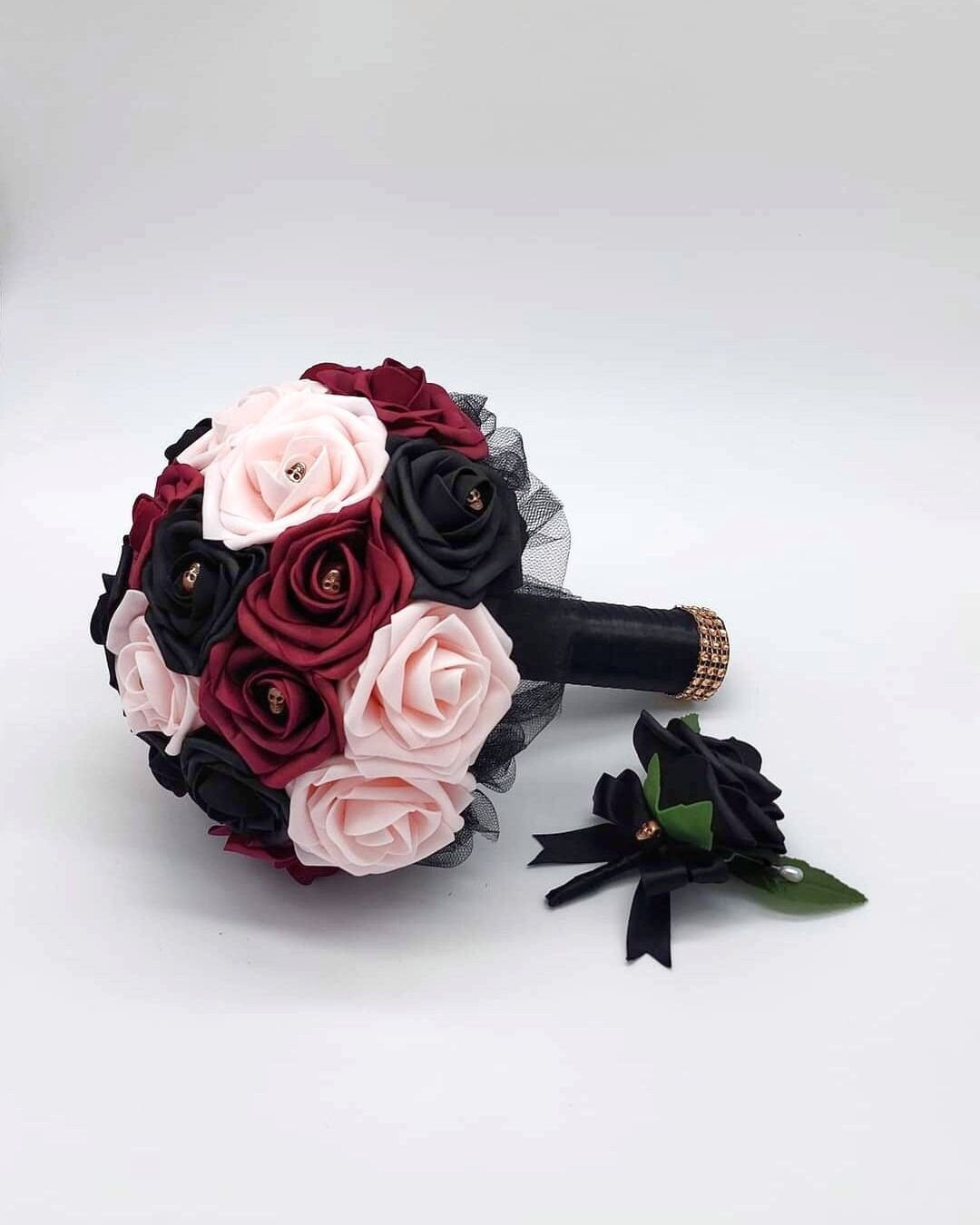 Gothic Skull Black,Burgundy, & Blush Wedding Bouquet,Bridal Bouquet, Bridesmaid Bouquet,Matching Corsages and Boutonnieres/Halloween Wedding