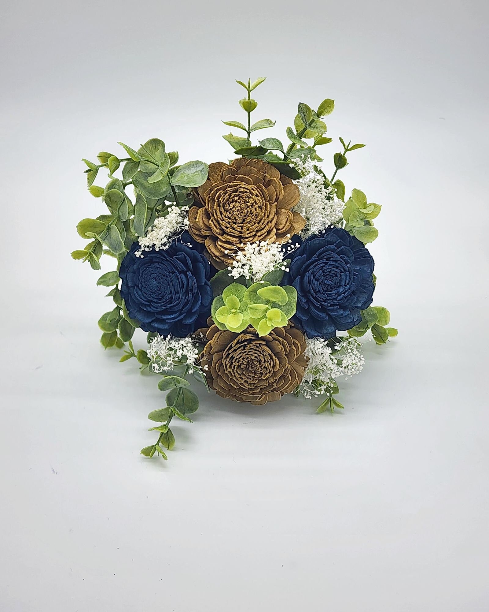 Navy Blue and Gold Sola Wood Flower Wedding Bouquet with Frosted Eucalyptus Greenery and Burlap Ribbon, Bridal Bouquet, Bridesmaid Bouquet.