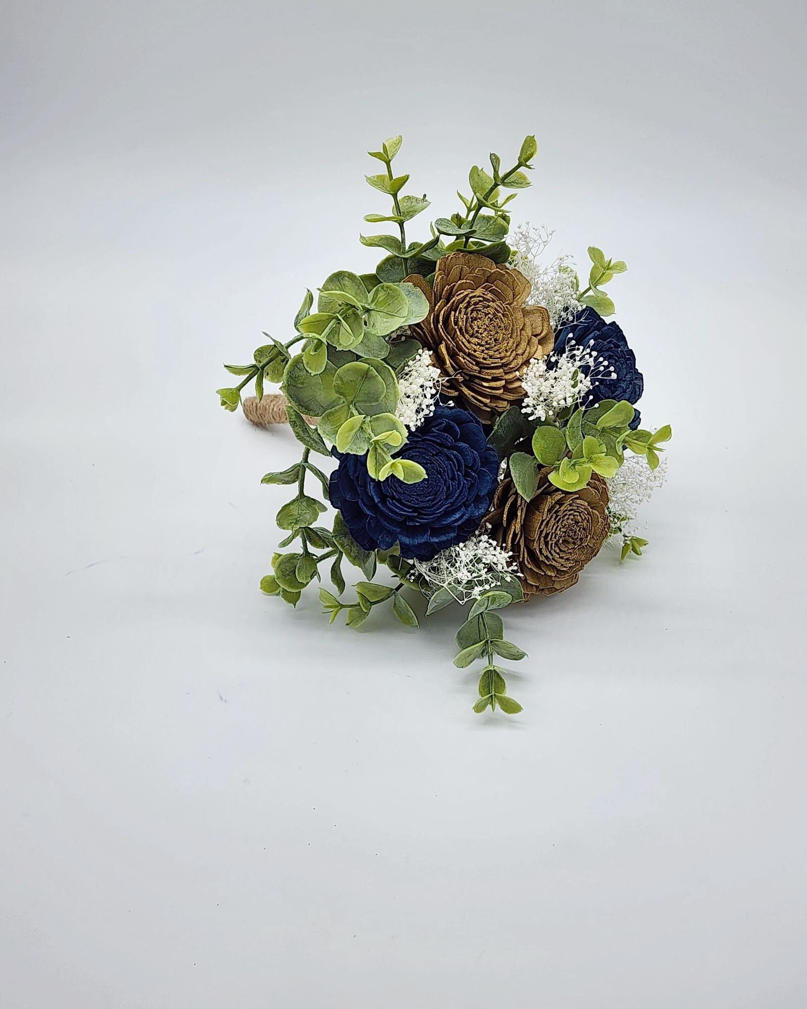 Navy Blue and Gold Sola Wood Flower Wedding Bouquet with Frosted Eucalyptus Greenery and Burlap Ribbon, Bridal Bouquet, Bridesmaid Bouquet.