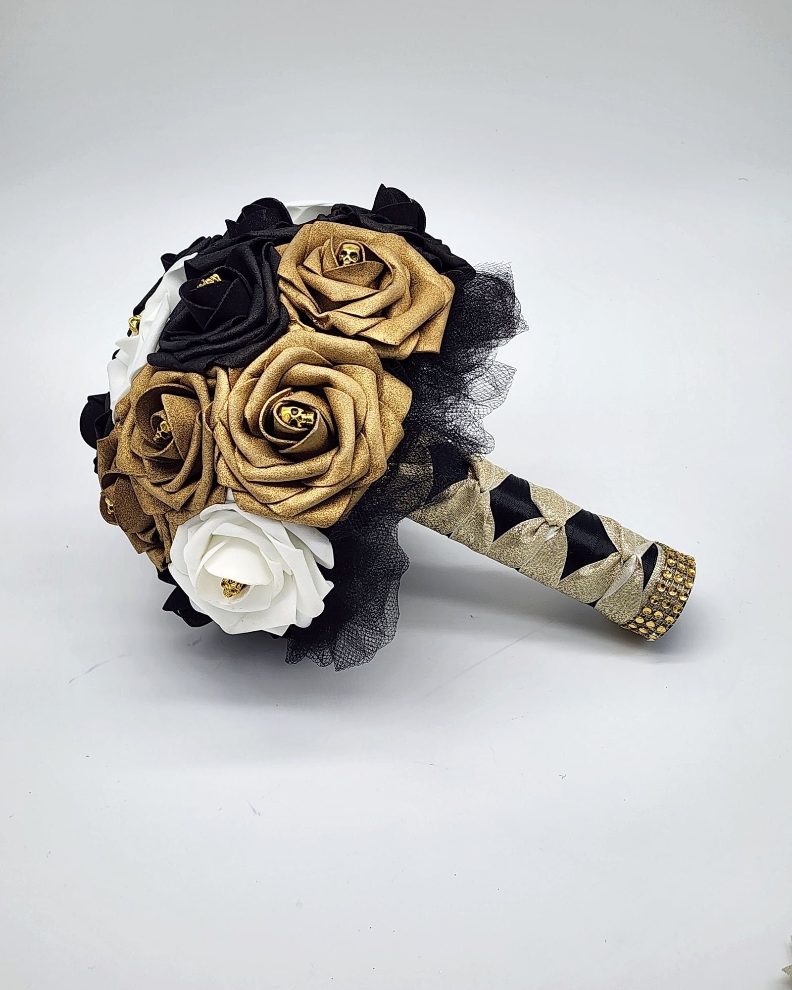 Gothic Skull Black, Gold, and White Wedding Bouquet, Bridal Bouquet, Bridesmaid Bouquet, Matching Corsages & Boutonnieres, Halloween Wedding