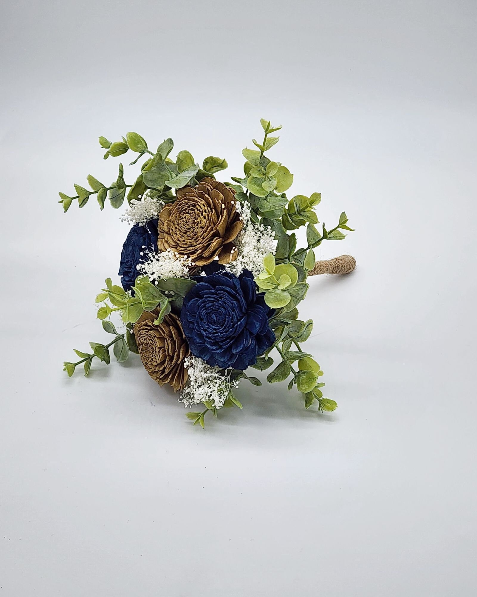 Navy Blue and Gold Sola Wood Flower Wedding Bouquet with Frosted Eucalyptus Greenery and Burlap Ribbon, Bridal Bouquet, Bridesmaid Bouquet.