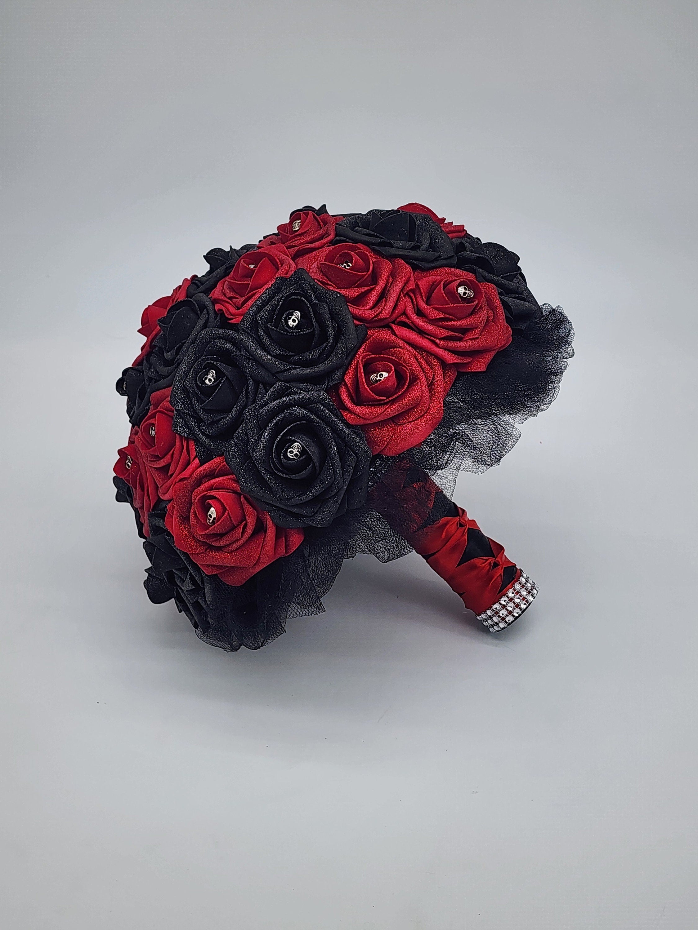 Glitter Red And Black Gothic Skull Bouquet, Bridal Bouquet, Bridesmaid Bouquet, Matching Corsages and Boutonnieres, Halloween Wedding