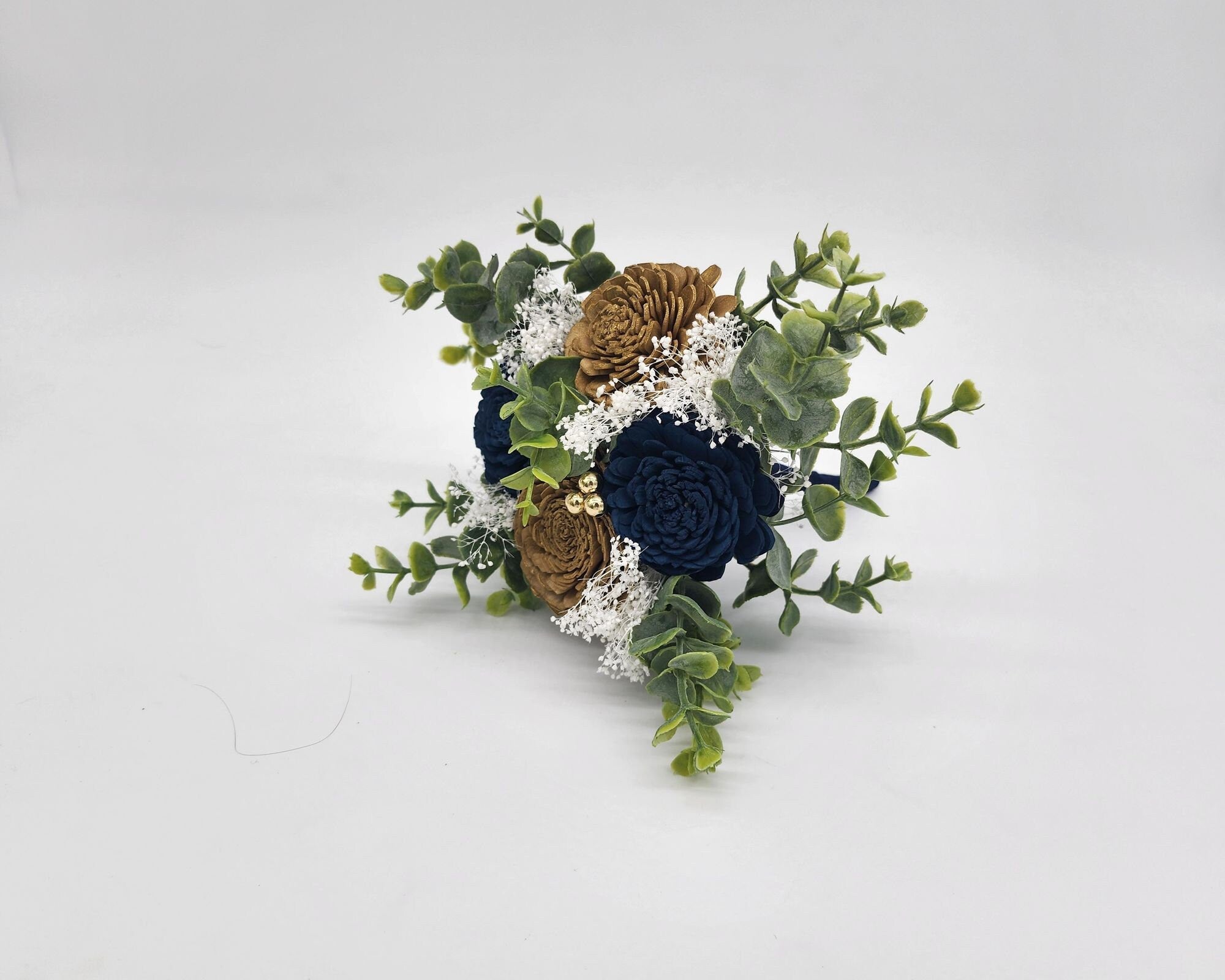 Navy blue And Gold Sola Wood Flower Bouquet with Rose Gold Balls And Eucalyptus, Bridal Bouquet, Bridesmaid Bouquet.