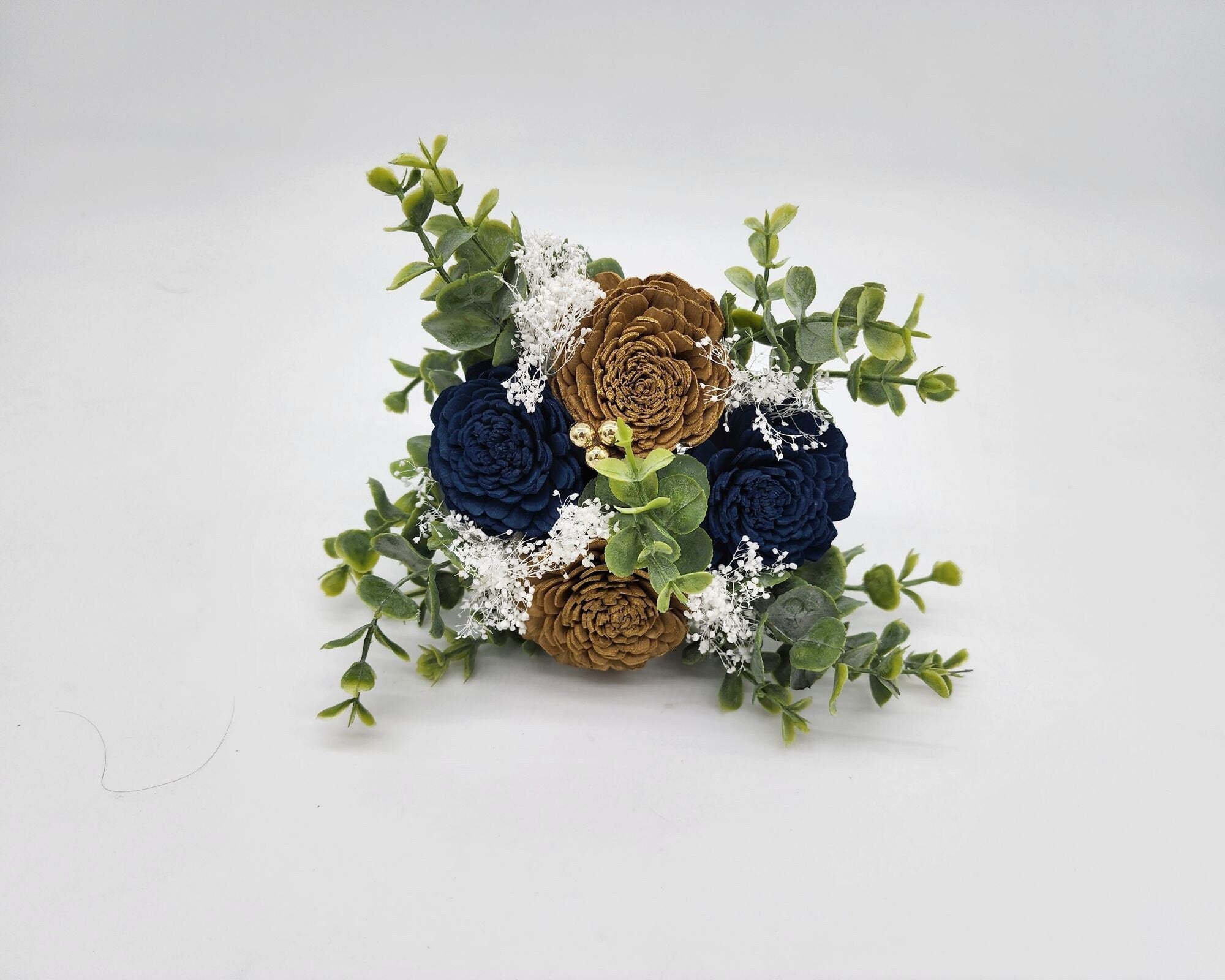 Navy blue And Gold Sola Wood Flower Bouquet with Rose Gold Balls And Eucalyptus, Bridal Bouquet, Bridesmaid Bouquet.