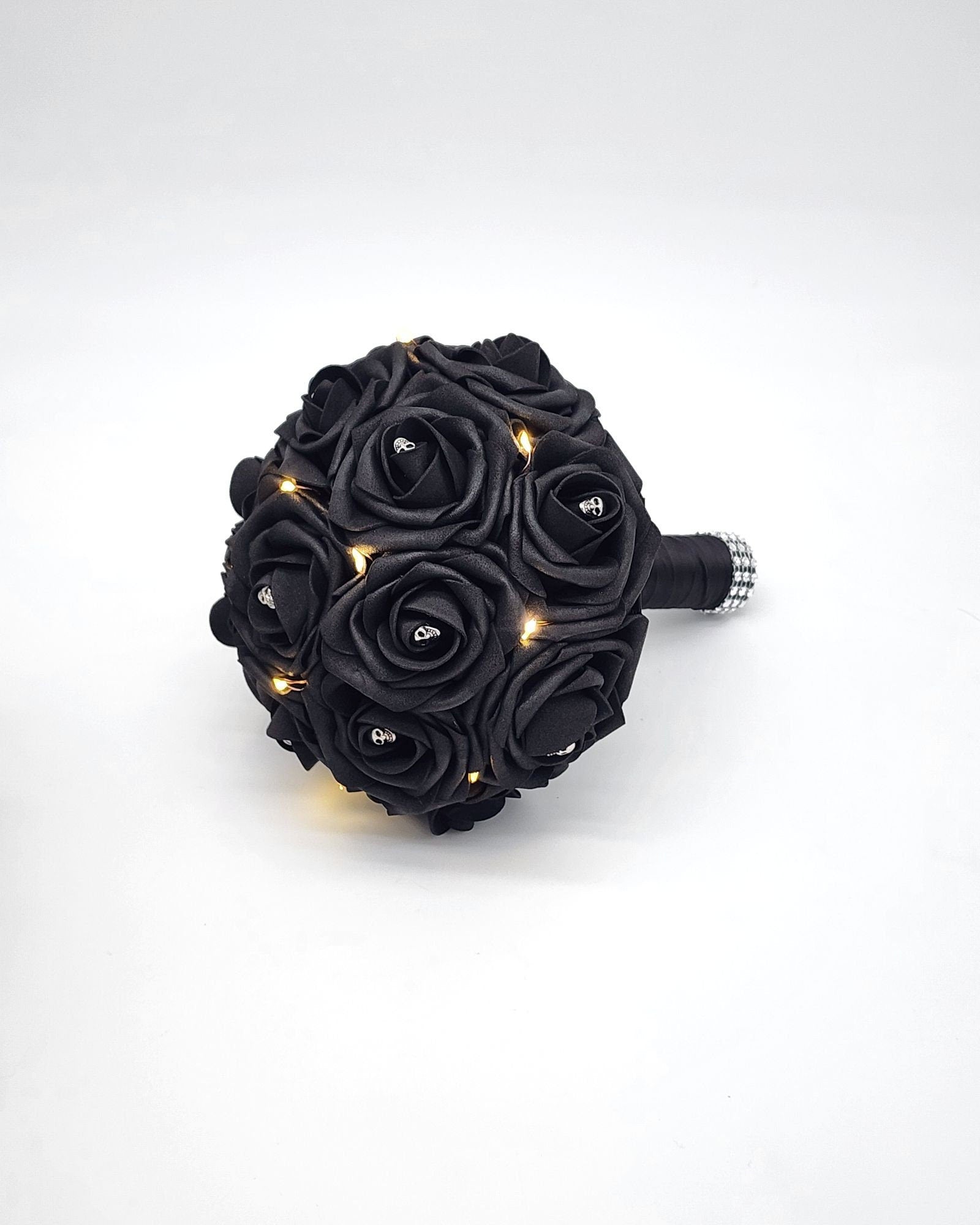 Gothic Skull Black Wedding Bouquet-Fairy Lights, Night Bouquet- Matching Boutonnieres and Corsages-Halloween Wedding-Fall Wedding