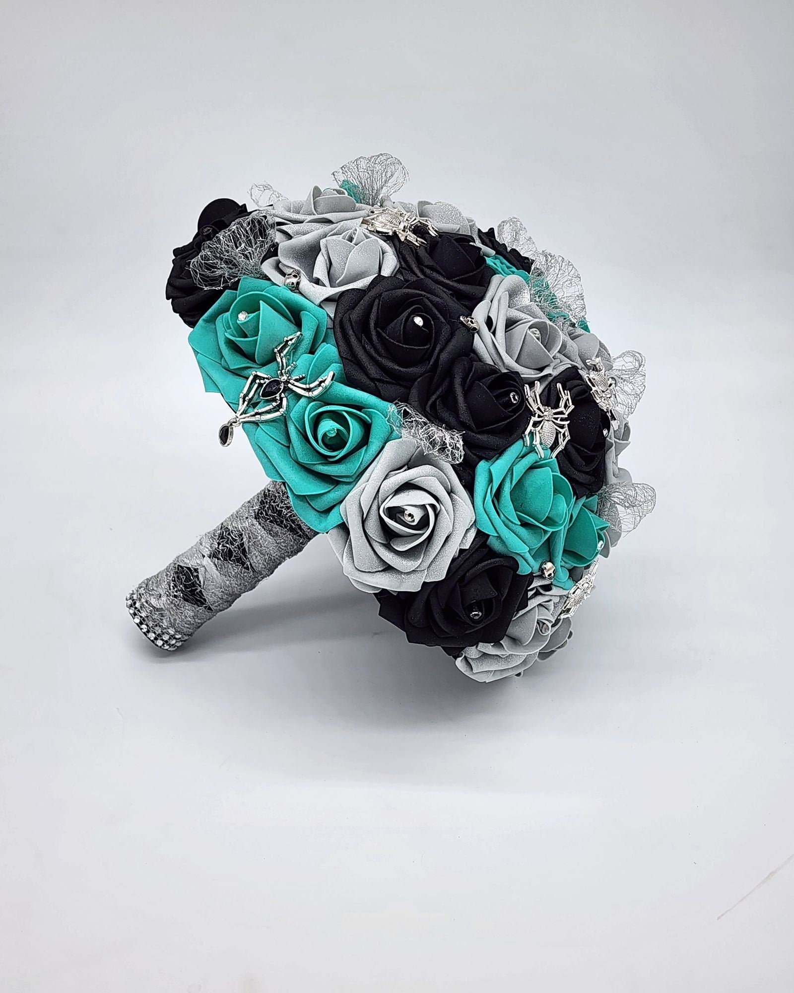 Gothic Skull Black, Silver, and Teal Bridal Bouquet- Bridesmaid and Toss Bouquet-Spider Theme
