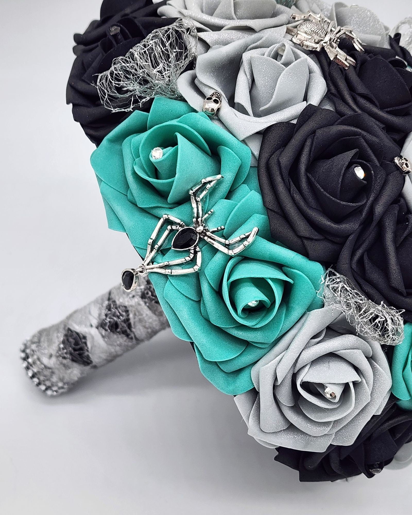 Gothic Skull Black, Silver, and Teal Bridal Bouquet- Bridesmaid and Toss Bouquet-Spider Theme