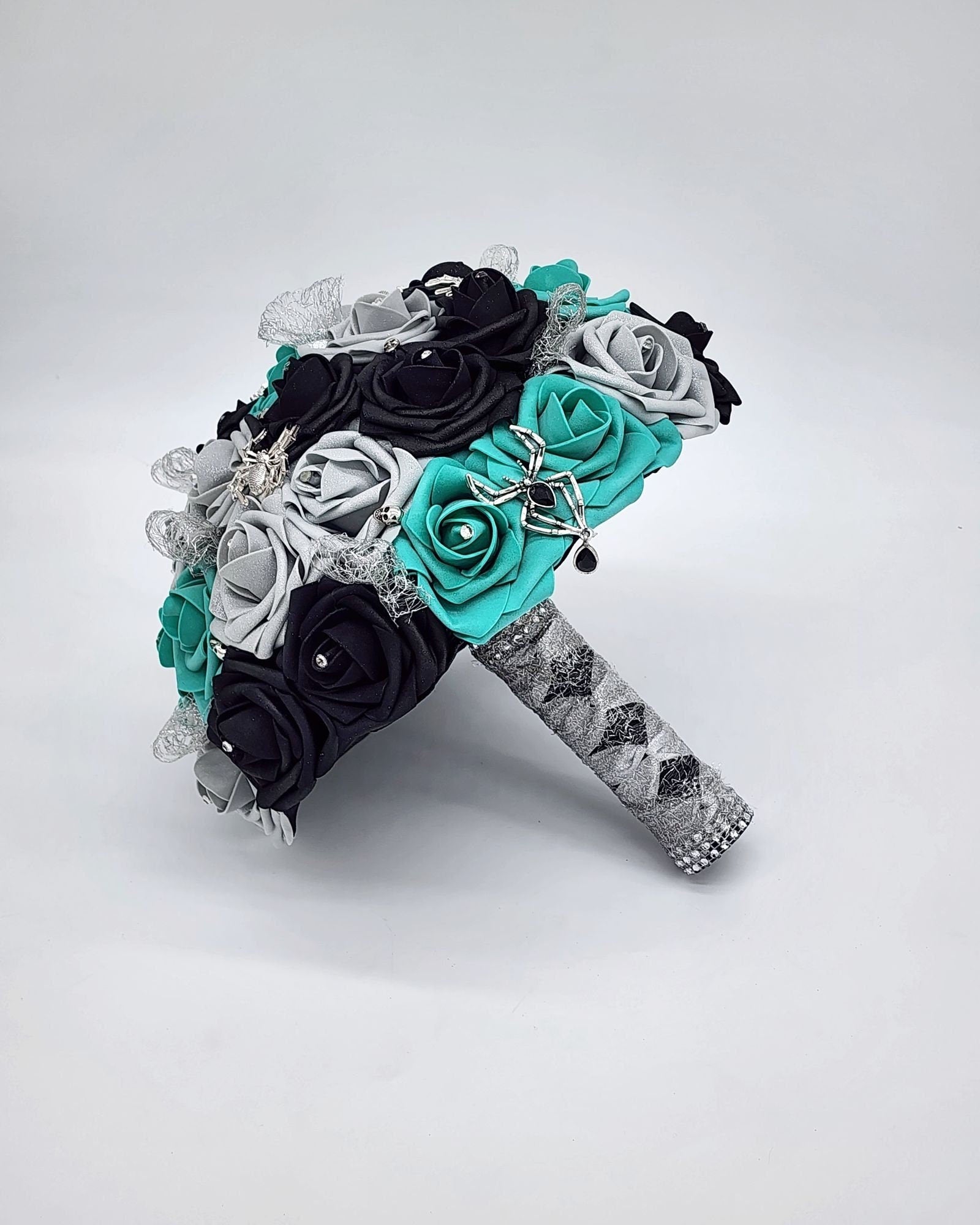 Gothic Skull Black, Silver, and Teal Bridal Bouquet- Bridesmaid and Toss Bouquet-Spider Theme