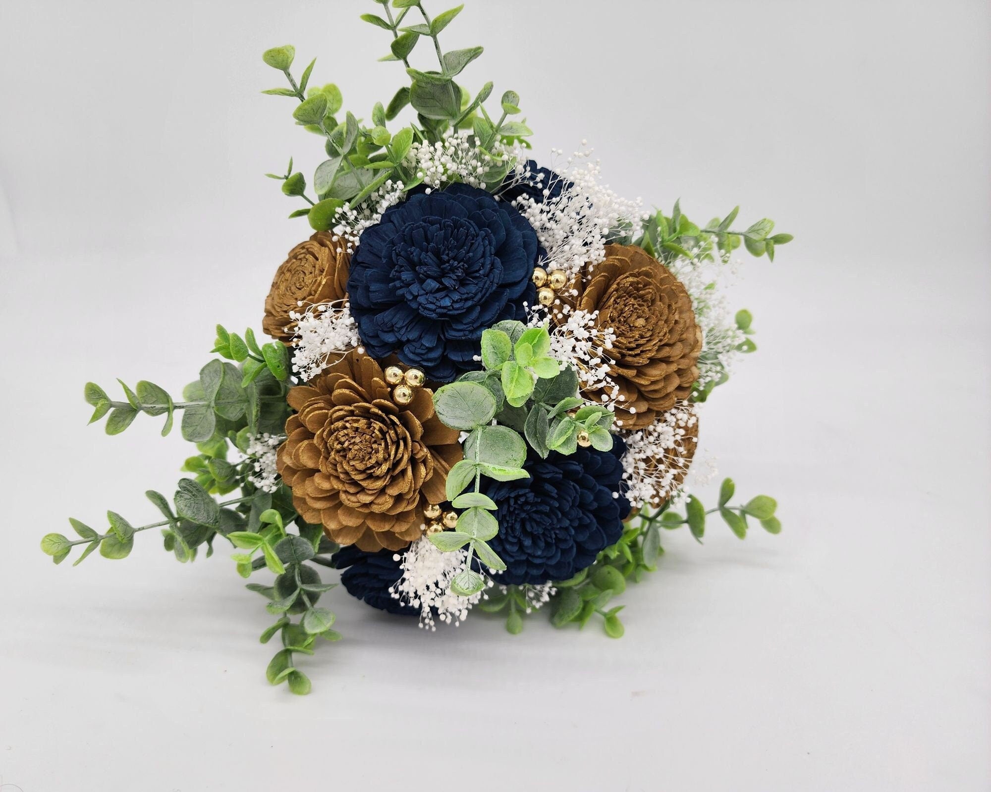 Navy blue And Gold Sola Wood Flower Bouquet with Rose Gold Balls And Eucalyptus, Bridal Bouquet, Bridesmaid Bouquet.