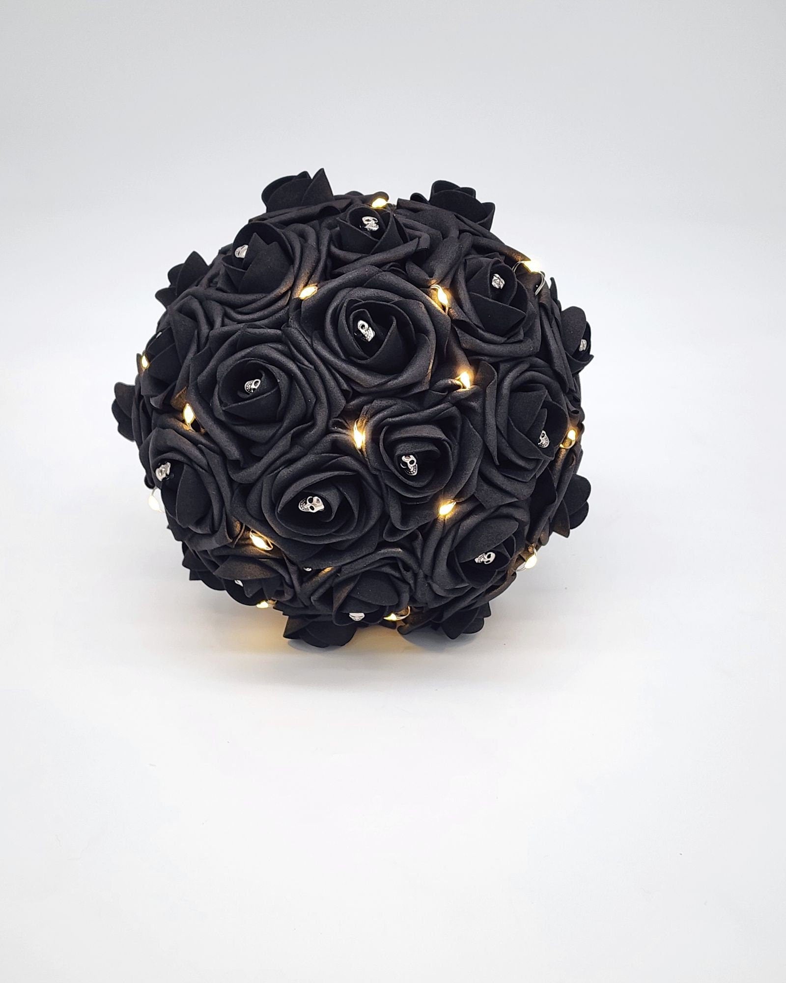 Gothic Skull Black Wedding Bouquet-Fairy Lights, Night Bouquet- Matching Boutonnieres and Corsages-Halloween Wedding-Fall Wedding