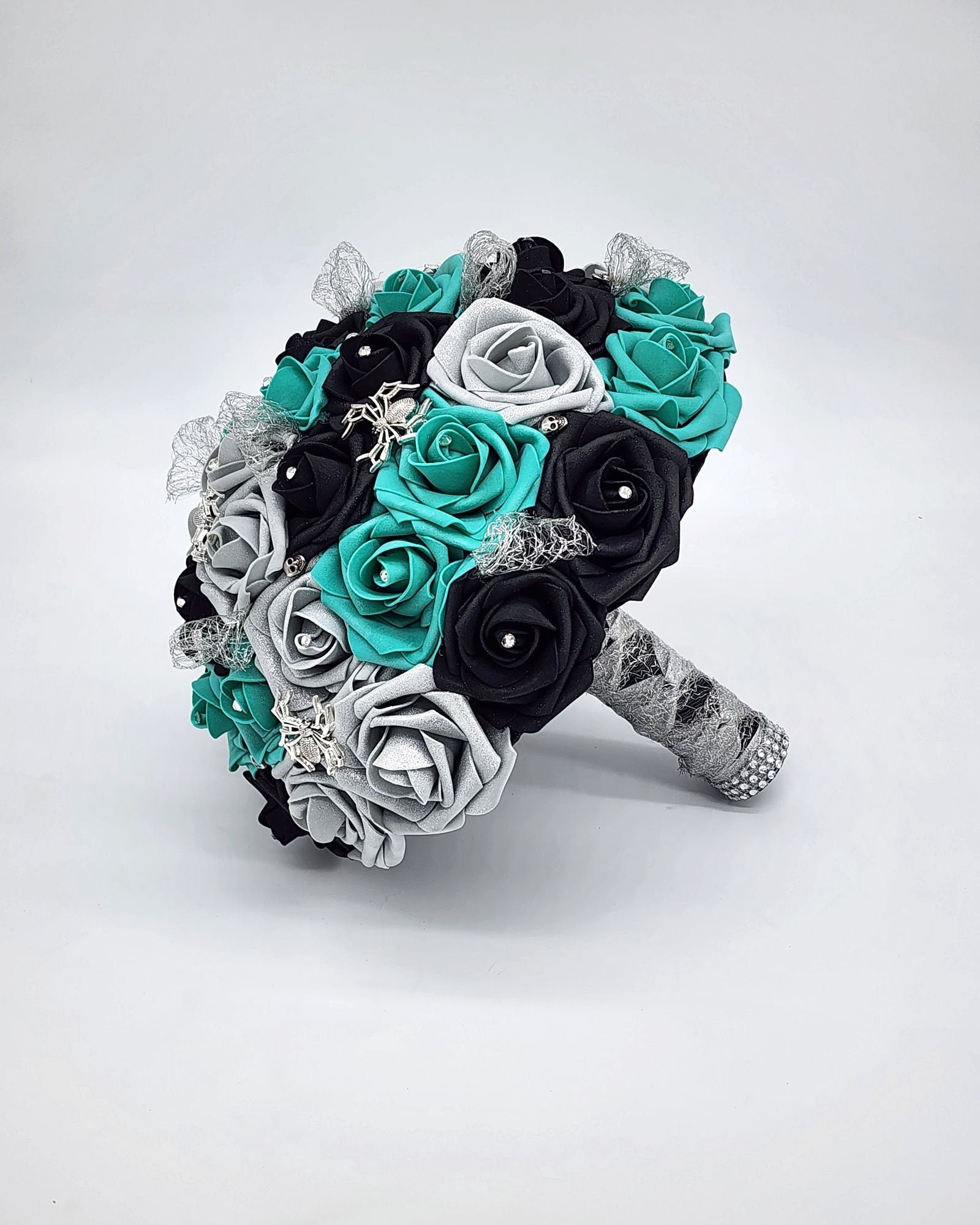 Gothic Skull Black, Silver, and Teal Bridal Bouquet- Bridesmaid and Toss Bouquet-Spider Theme