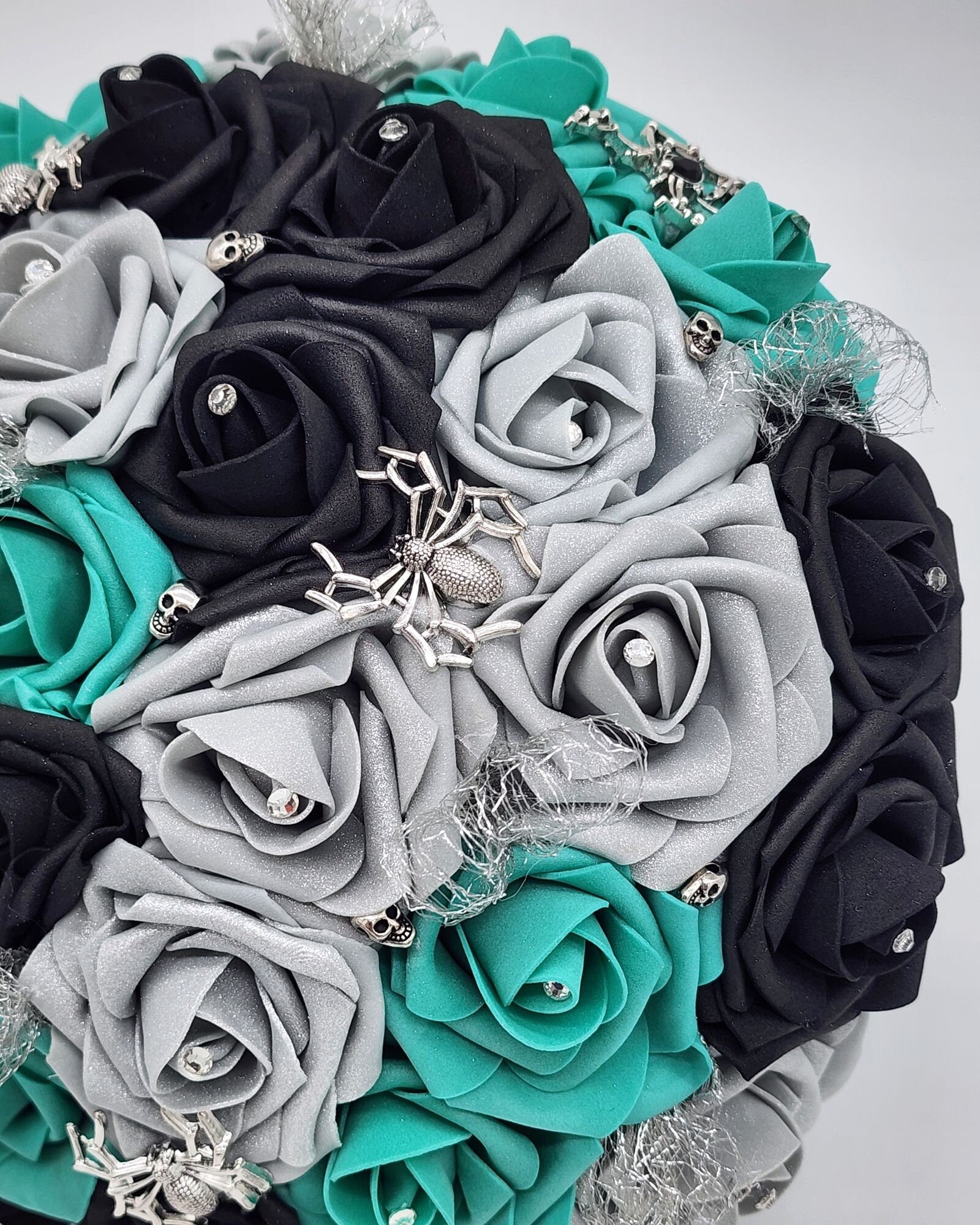 Gothic Skull Black, Silver, and Teal Bridal Bouquet- Bridesmaid and Toss Bouquet-Spider Theme