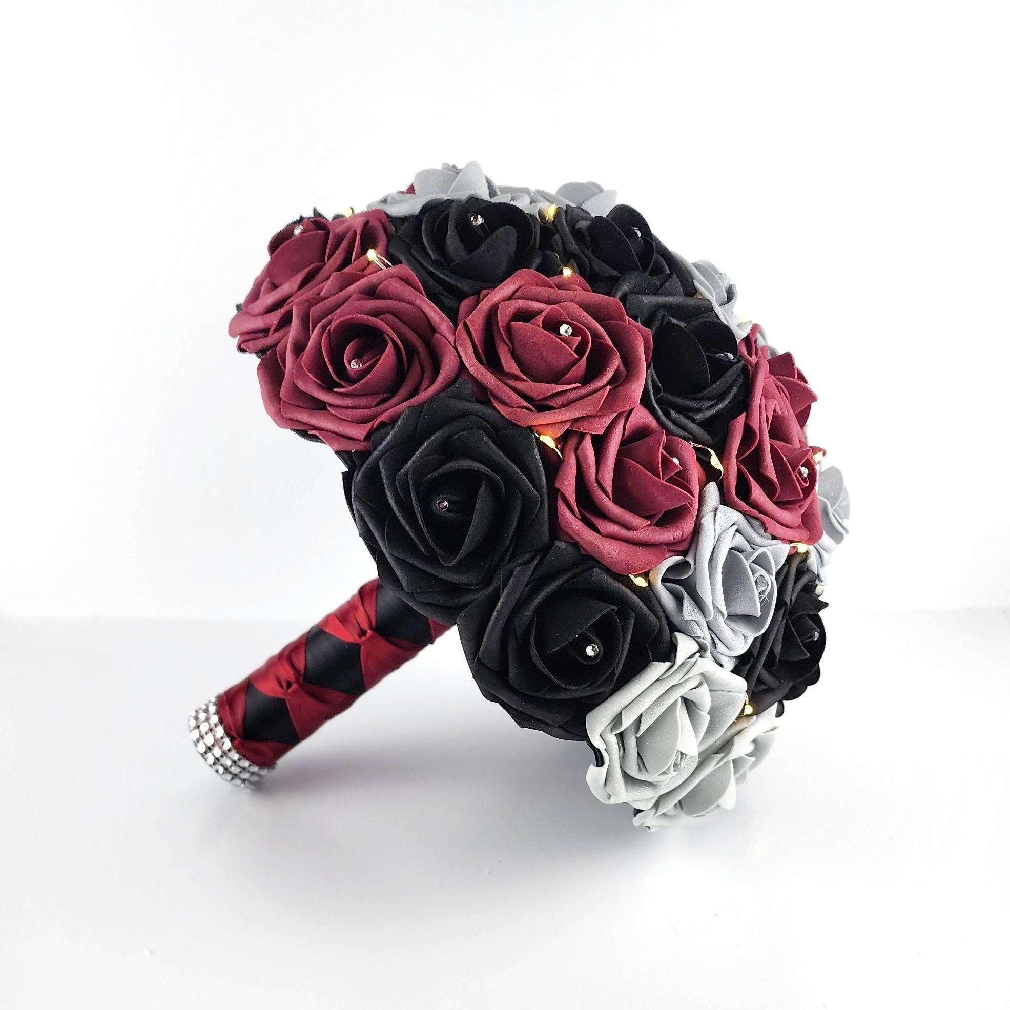 Fairy Lite Wedding Bouquet in Burgundy, Black, and Silver Real Touch Roses