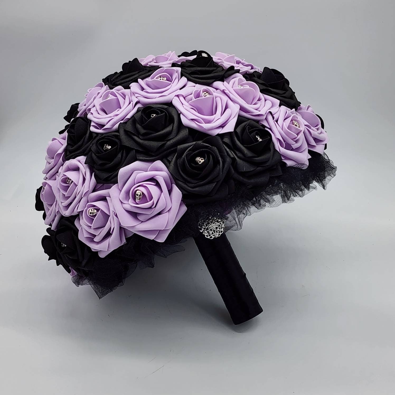 Gothic Skull Black and Lilac Wedding Bouquet, Bridal Bouquet, Bridesmaid Bouquet, Corsages and Boutonnieres, Halloween Wedding