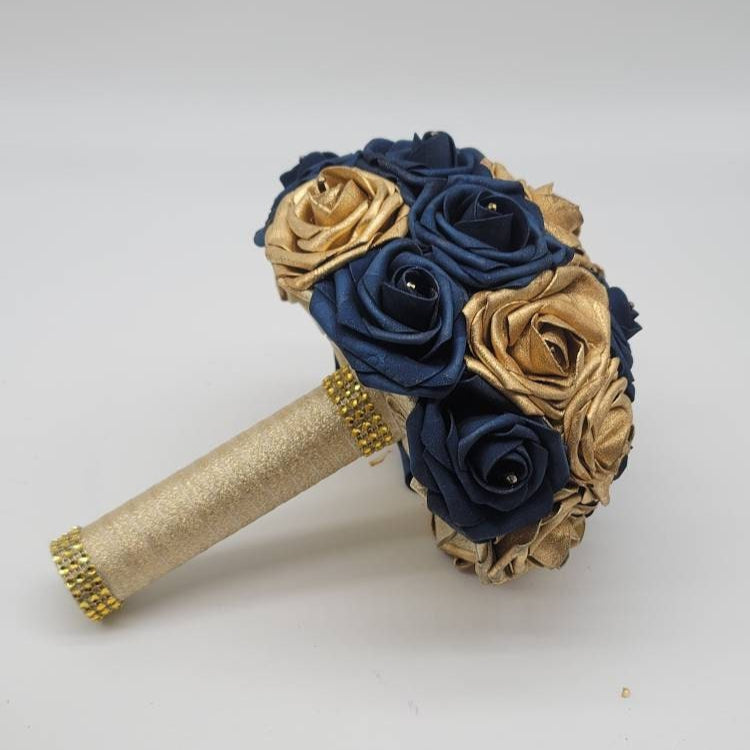 Gold and Navy Wedding Bouquet Made With Real Touch Roses, Bridal Bouquet, Bridesmaid Bouquet and Matching Boutonniere and Corsages Available