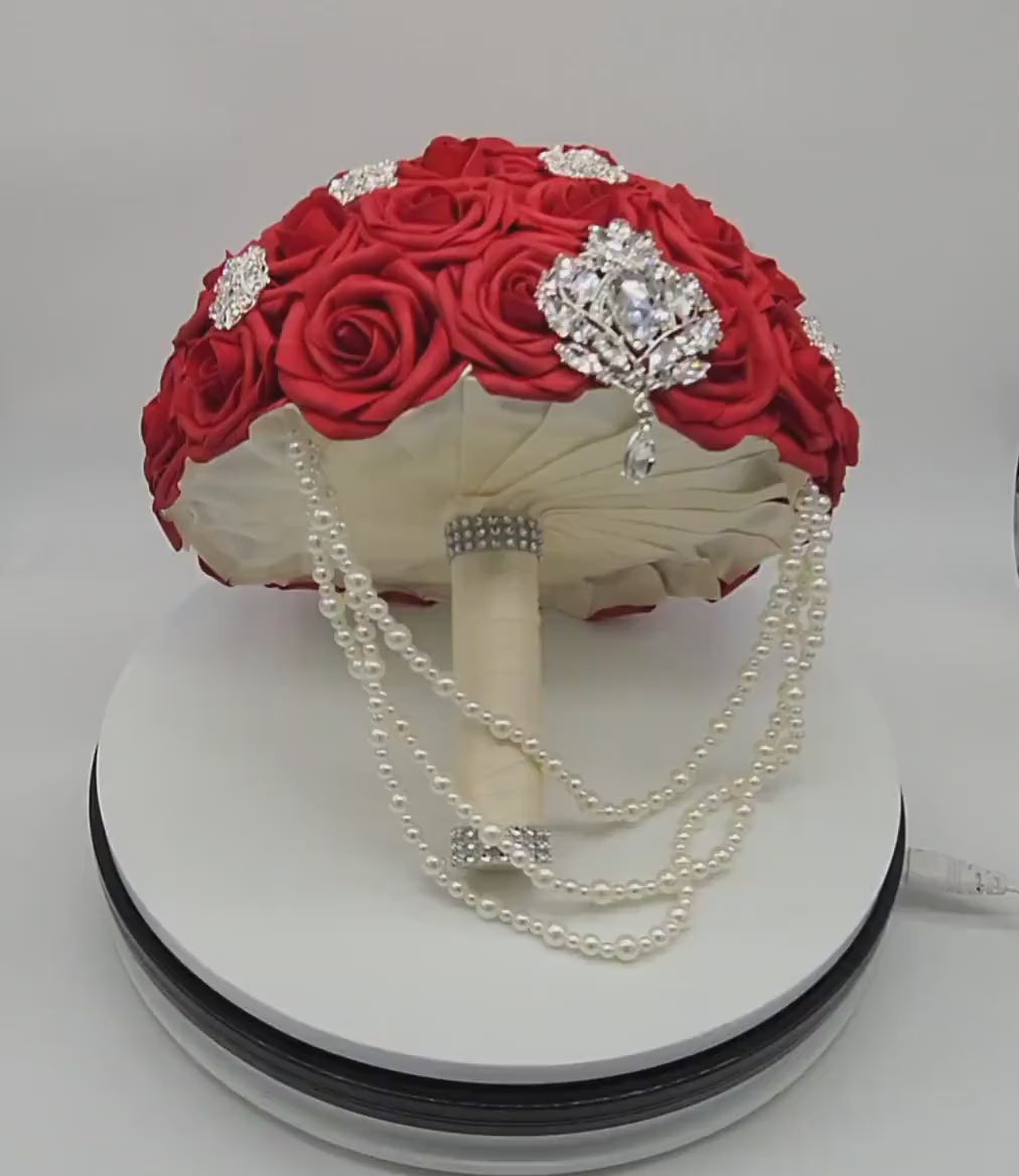 Red and Ivory Brooch Bridal Bouquet w/ Cascading Pearls Made W/ Real Touch Roses/Bridesmaid Bouquet/Wedding Bouquet/Boutonnieres and Cosages