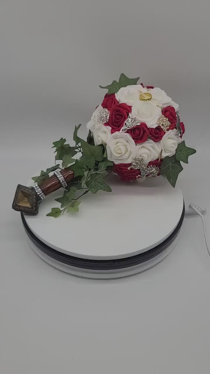 Sword Bridal Bouquet, Fantasy,Vikings, Red and White bouquet,Themed,Available in 27 Colors,Boutonnieres and Corsages Available