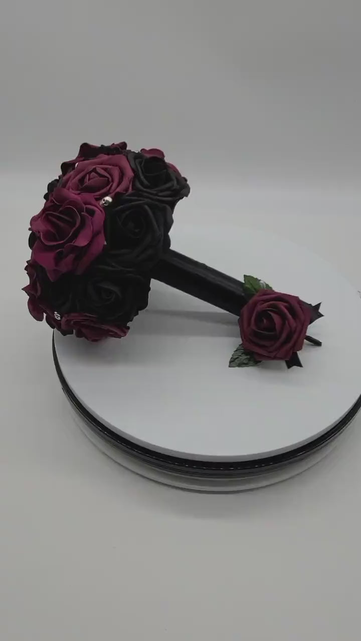 Gothic Skull Black And Burgundy Wedding Bouquet, Bridal Bouquet, Bridesmaid Bouquet, Matching Boutonnieres and Corsages, Halloween Wedding