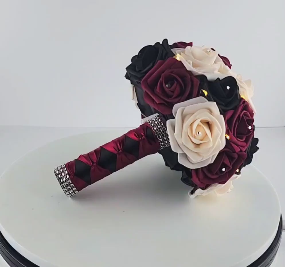 Burgundy, Black, and Cream Wedding Bouquet, Fairy Lights,Night Bouquet, Light Up Bouquet, Gothic Bouquet, Custom Colors Available