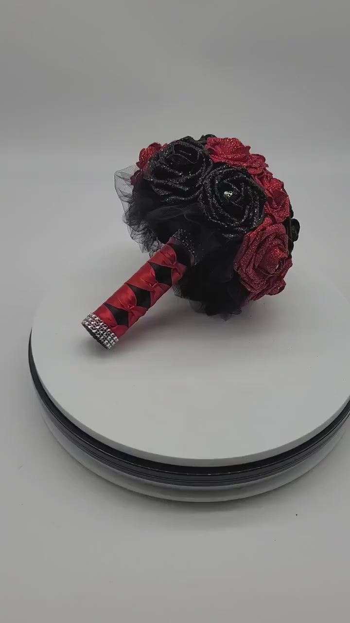 Glitter Red And Black Gothic Skull Bouquet, Bridal Bouquet, Bridesmaid Bouquet, Matching Corsages and Boutonnieres, Halloween Wedding