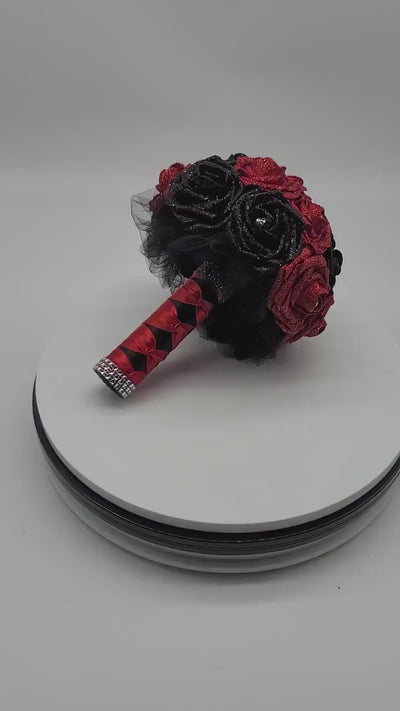 Glitter Red And Black Gothic Skull Bouquet, Bridal Bouquet, Bridesmaid Bouquet, Matching Corsages and Boutonnieres, Halloween Wedding