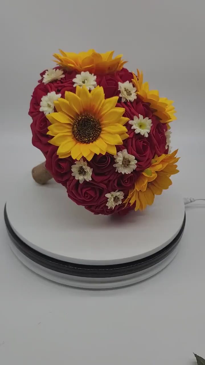 Sunflower Bridal Bouquet,red bouquet,rustic,burlap Bridesmaids Bouquet,Toss Bouquet,Matching Boutonnieres & Corsages, Available In 27 Colors