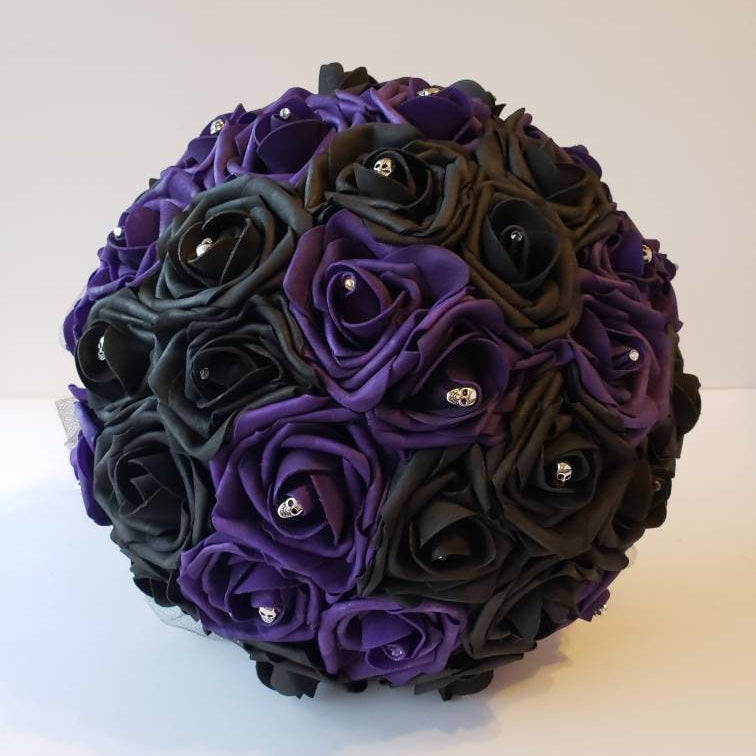 Gothic Skull Dark purple and Black Wedding Bouquet,Bridal Bouquet, Bridesmaid Bouquet,Matching Corsages and Boutonnieres,Halloween Wedding