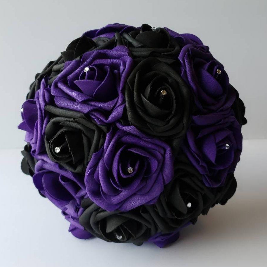 Black and Purple Wedding Bouquet Made with Real Touch Roses