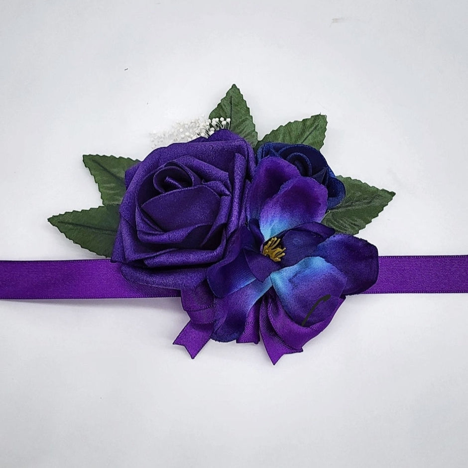royal blue and purple wrist corsage