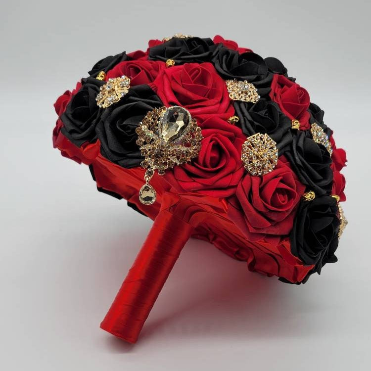 Gothic Skull Red, Black And Gold Brooch Wedding Bouquet, Bridal Bouquet, Bridesmaid Bouquet, Matching Halloween Boutonnieres and Corsages