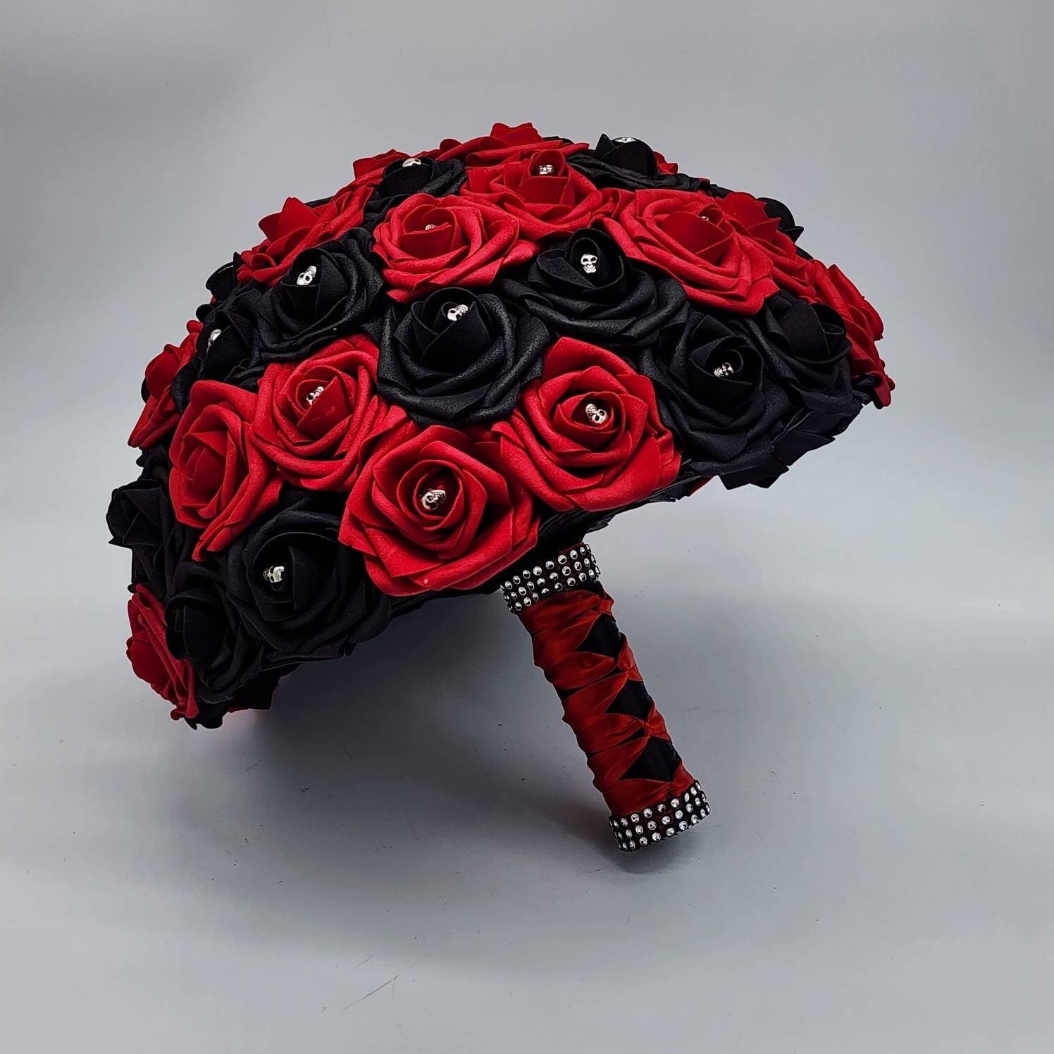 Gothic Skull Red and Black Weddng Bouquet, Bridal Bouquet, Bridesmaid Bouquet, Matching Corsages and Boutonnieres, Halloween Wedding