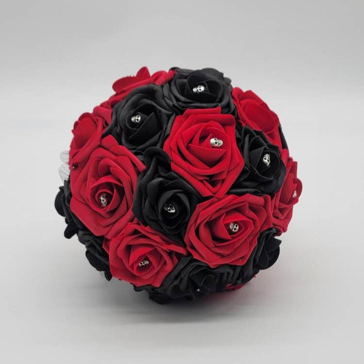 Gothic Skull Red Wedding Bouquet, Bridal Bouquet, Bridesmaid Bouquet, Matching Corsages and Boutonnieres, Halloween Wedding