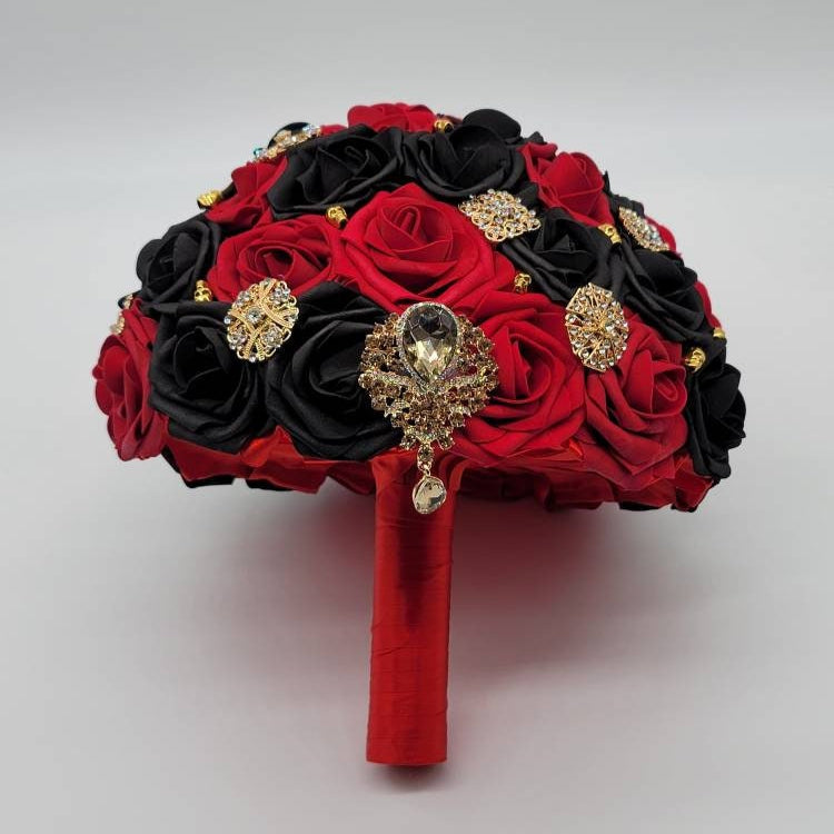 Gothic Skull Red, Black And Gold Brooch Wedding Bouquet, Bridal Bouquet, Bridesmaid Bouquet, Matching Halloween Boutonnieres and Corsages