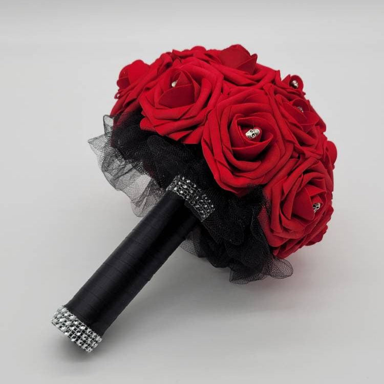 Gothic Skull Red And Black Wedding Bouquet, Bridal Bouquet, Bridesmaid Bouquet, Matching Corsages and Boutonnieres, Halloween Bouquet