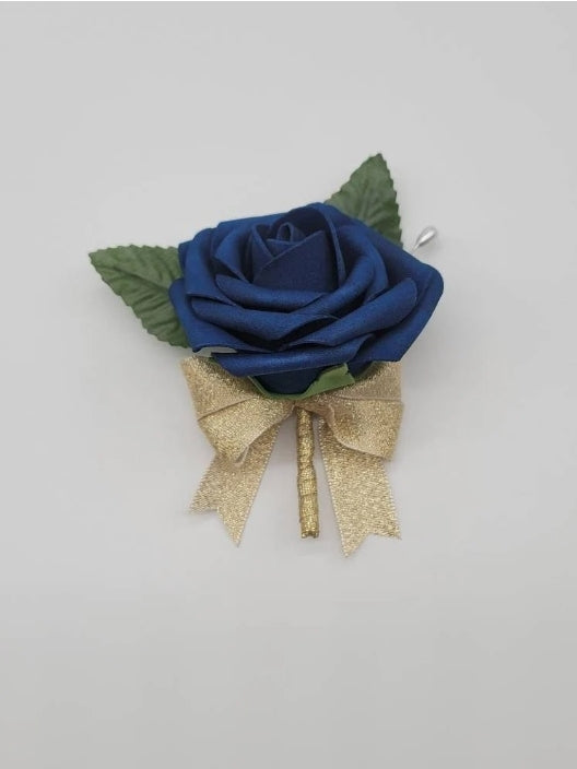 Royal Blue Real Touch Rose Boutonniere with Gold Ribbon