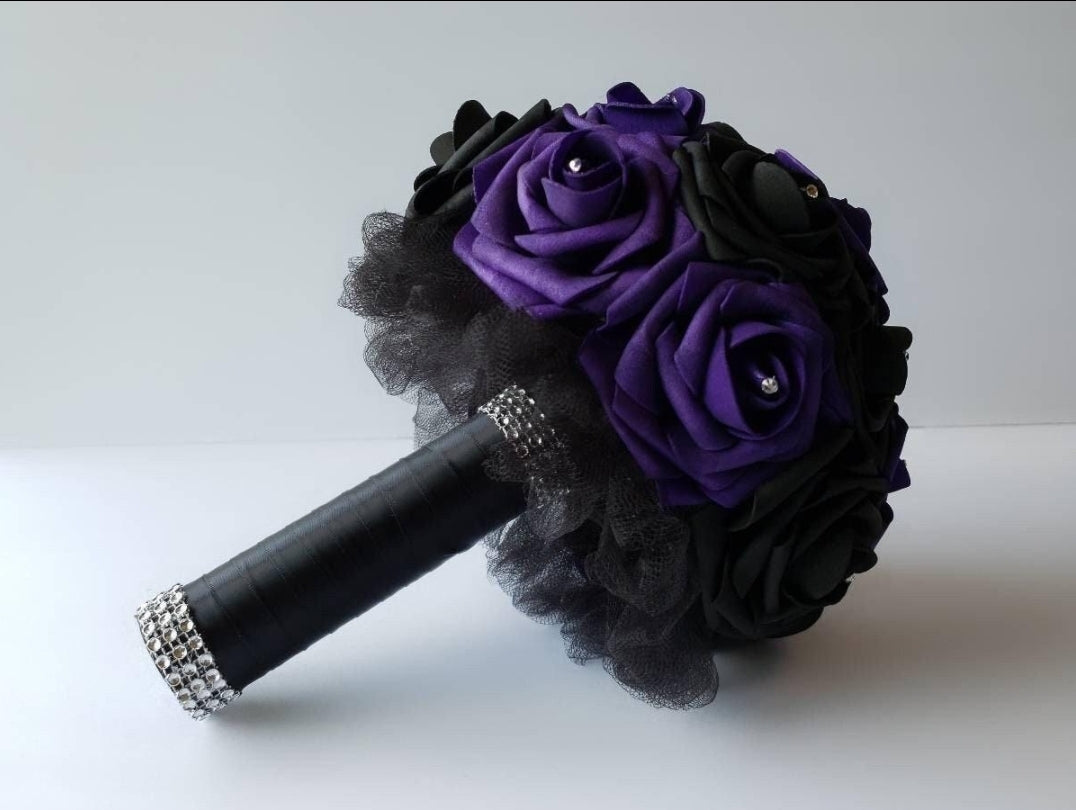 Purple and Black Wedding Boutonniere and Wrist Corsage