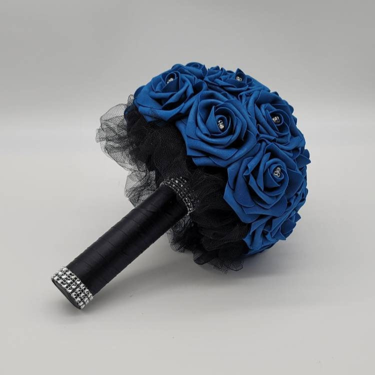Gothic Skull Royal Blue and Black Wedding Bouquet,Bridal Bouquet, Bridesmaid Bouquet, Matching Corsages and Boutonnieres, Halloween Wedding