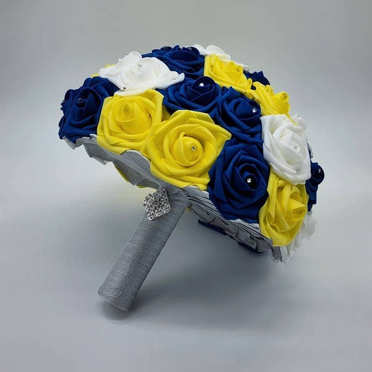 Royal Blue, Yellow, & White Wedding Bouquet Made w/Real Touch Roses, Bridal Bouquet, Bridesmaid Bouquet/ Matching Boutonnieres and Corsages