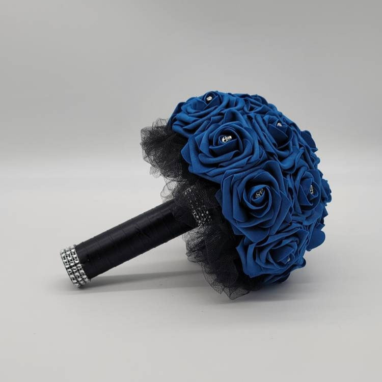 Gothic Skull Royal Blue and Black Wedding Bouquet,Bridal Bouquet, Bridesmaid Bouquet, Matching Corsages and Boutonnieres, Halloween Wedding
