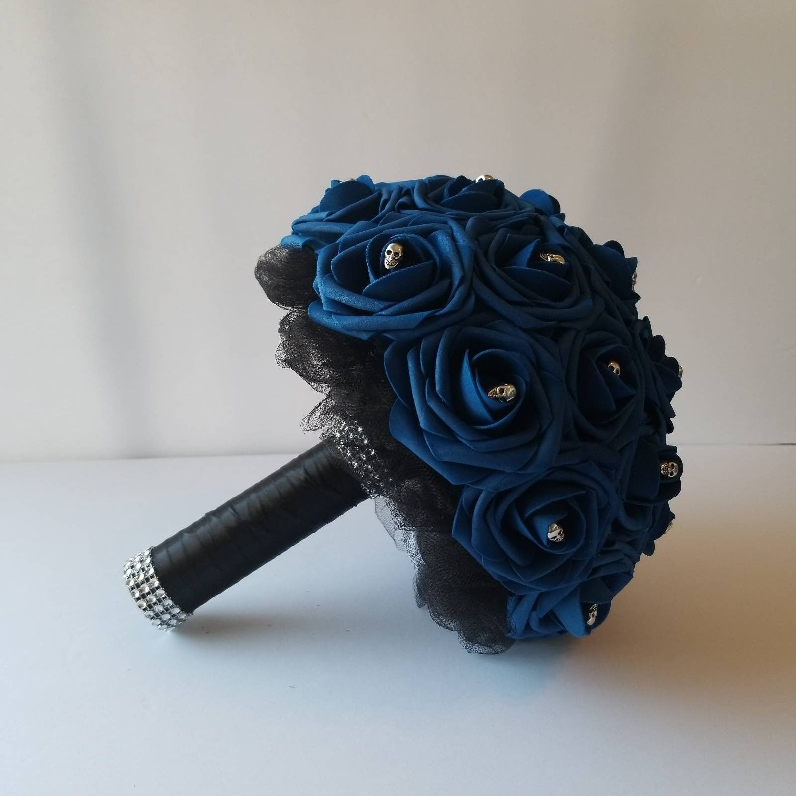Gothic Skull Royal Blue and Black Wedding Bouquet,Bridal Bouquet, Bridesmaid Bouquet, Matching Corsages and Boutonnieres, Halloween Wedding