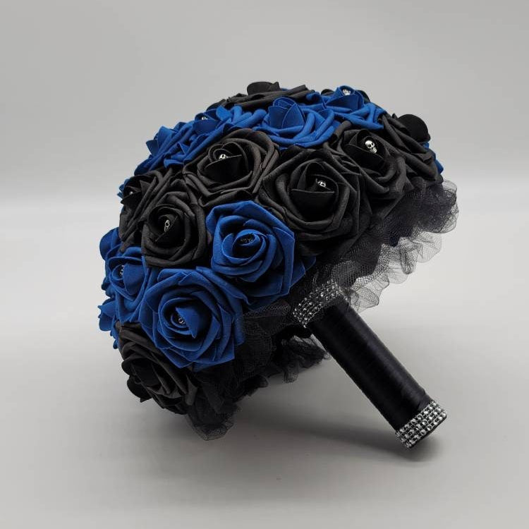 Gothic Skull Royal Blue And Black Wedding Bouquet, Bridal Bouquet, Bridesmaid Bouquet, Matching Corsages and Boutonnieres, Halloween Wedding