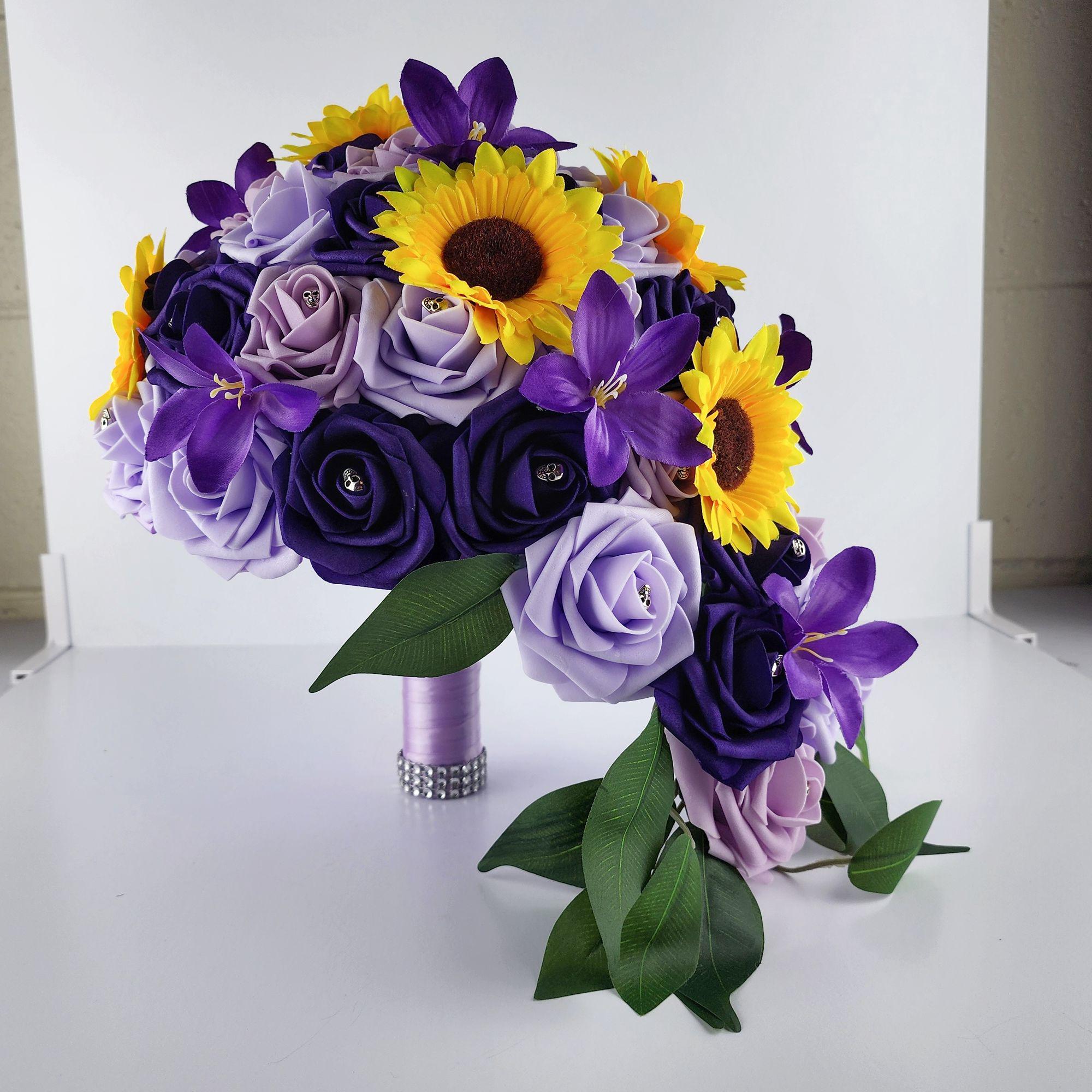 Gothic Skull Cascading Wedding Bouquet With Lilac, Lavender, and Dark Purple Roses, Lilies and Sunflowers.