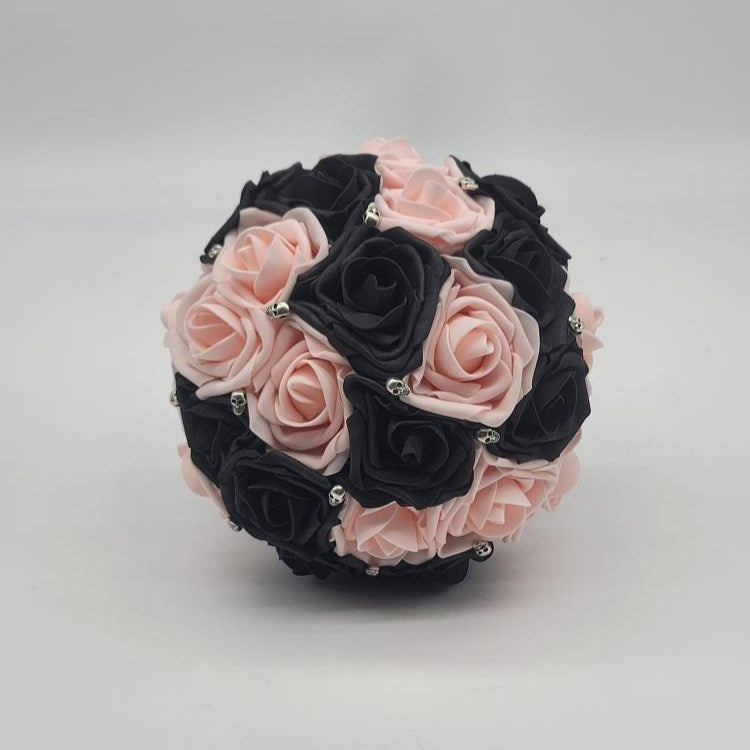 Gothic Black and Blush Skull Wedding Bouquet, Bridal Bouquet, Bridesmaid Bouquet, Matching Corsages and Boutonnieres, Halloween Wedding