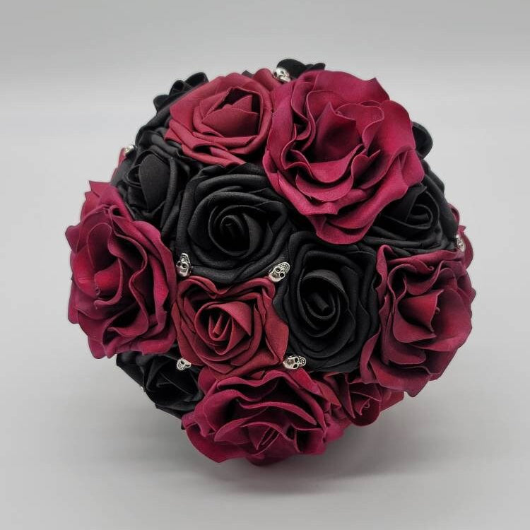Gothic Skull Black And Burgundy Wedding Bouquet, Bridal Bouquet, Bridesmaid Bouquet, Matching Boutonnieres and Corsages, Halloween Wedding