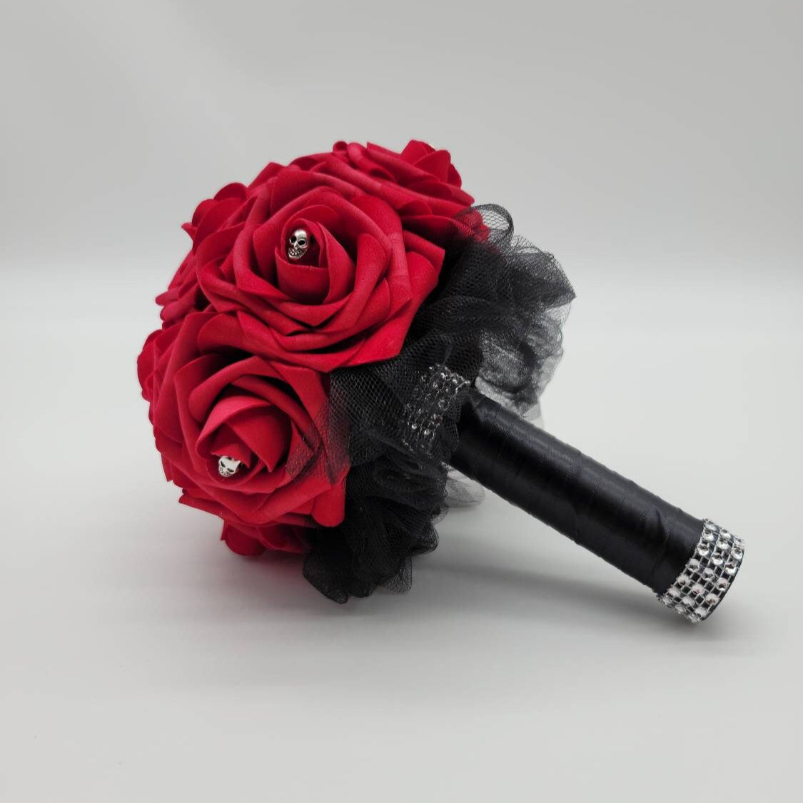 Gothic Skull Red And Black Wedding Bouquet, Bridal Bouquet, Bridesmaid Bouquet, Matching Corsages and Boutonnieres, Halloween Bouquet