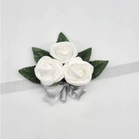 white and silver wrist corsage